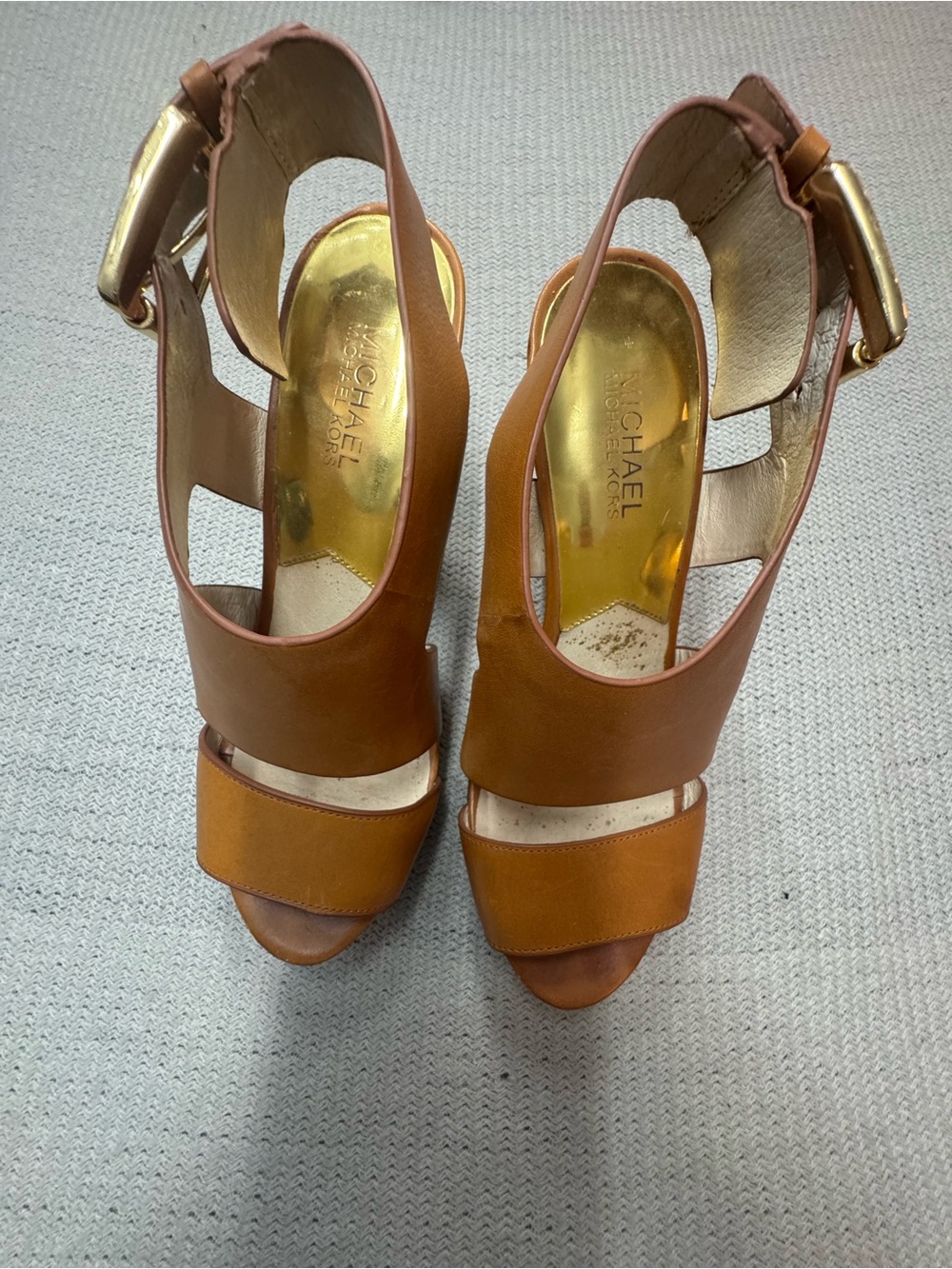 Michael Kors Cognac Leather Open-Toe Block Heel Sandals